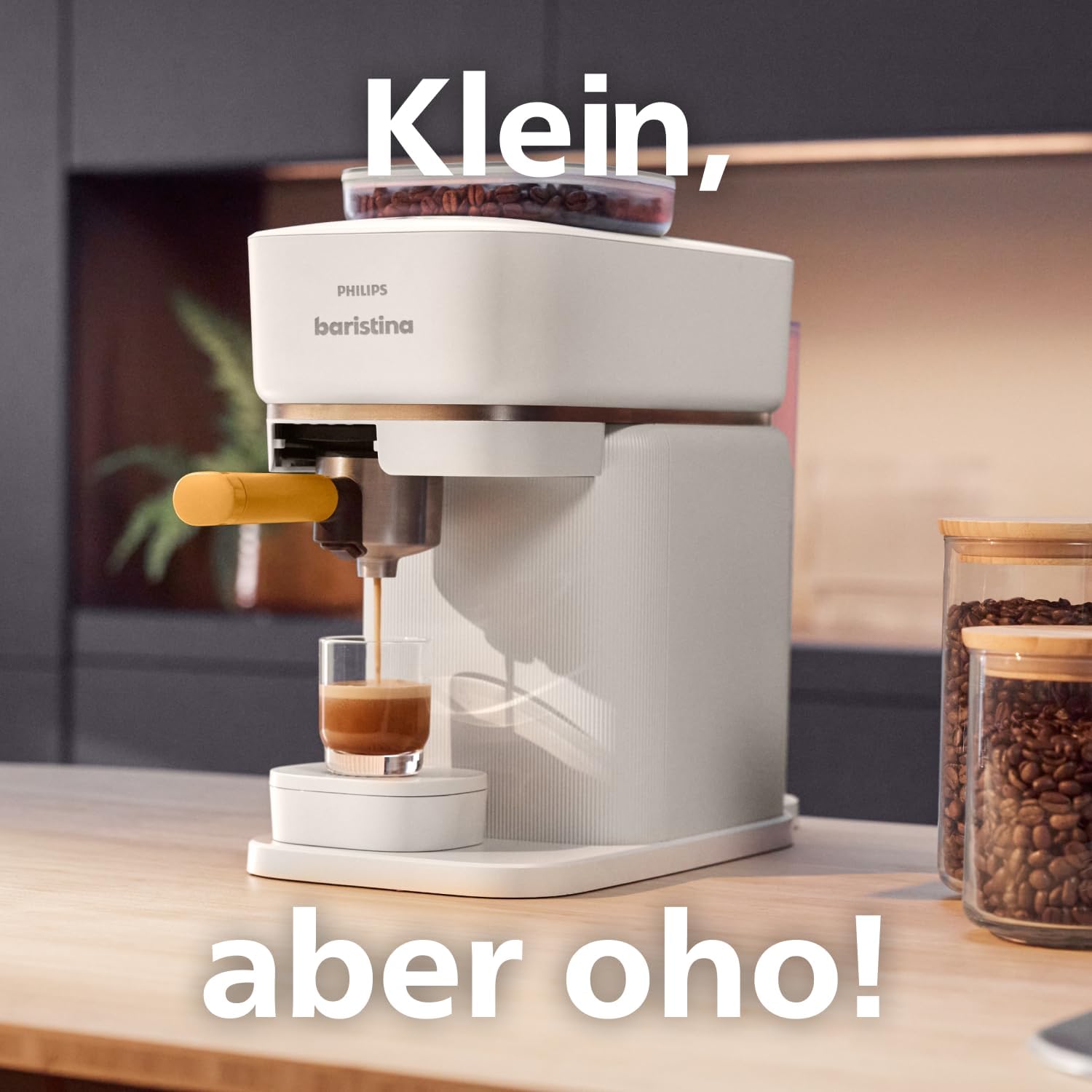 Philips Baristina Espressomaschine - Real Espresso, made simple. Kompakte Kaffeemaschine, Naturweiß mit Eschenholz-Siebträger, 16-bar-Pumpendruck, automatisches Mahlwerk, Cafe Crema (BAR302/20)