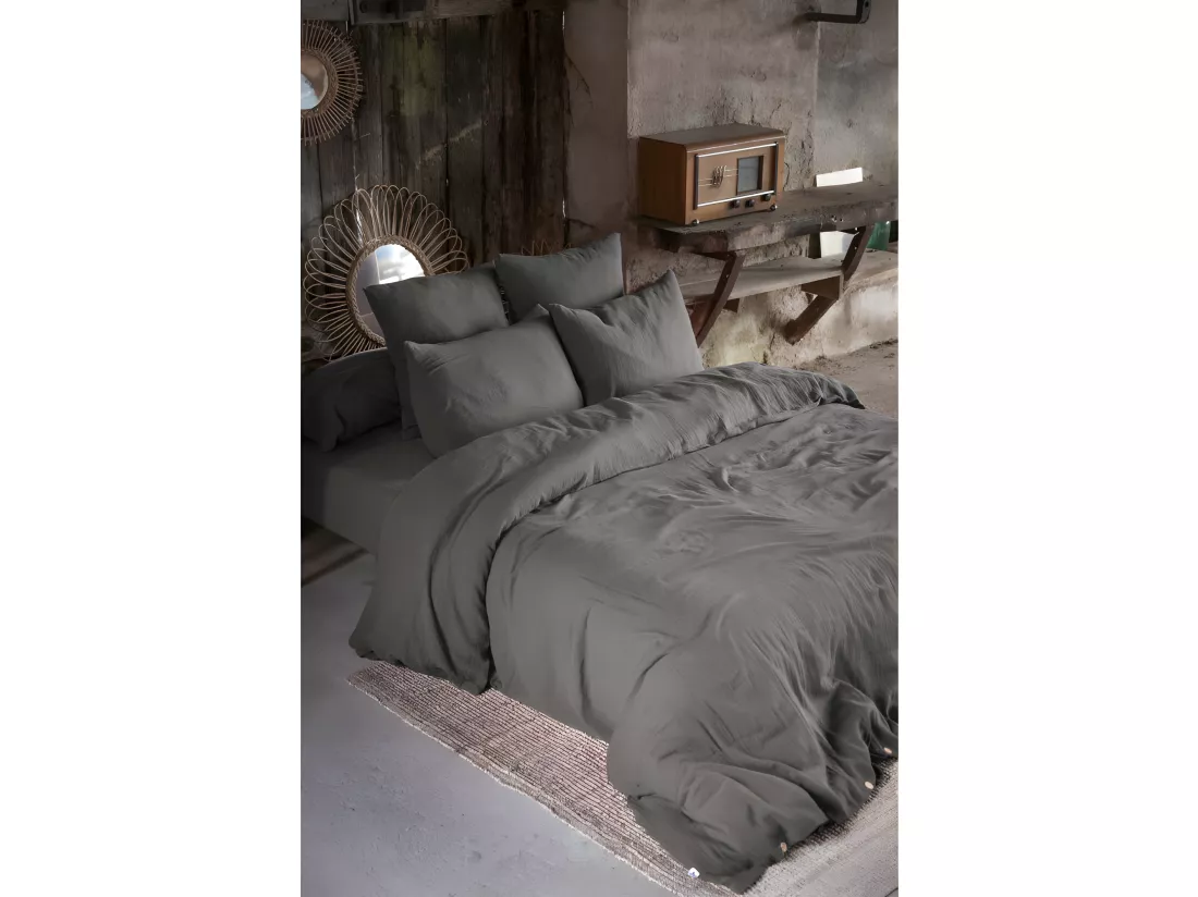 Parure de draps Gaze de Coton - Gaïa Granit - 4 pièces 1 Drap plat 240 x 300 + 1 Drap housse 160 x 200 + 2 Taies 60 x 60
