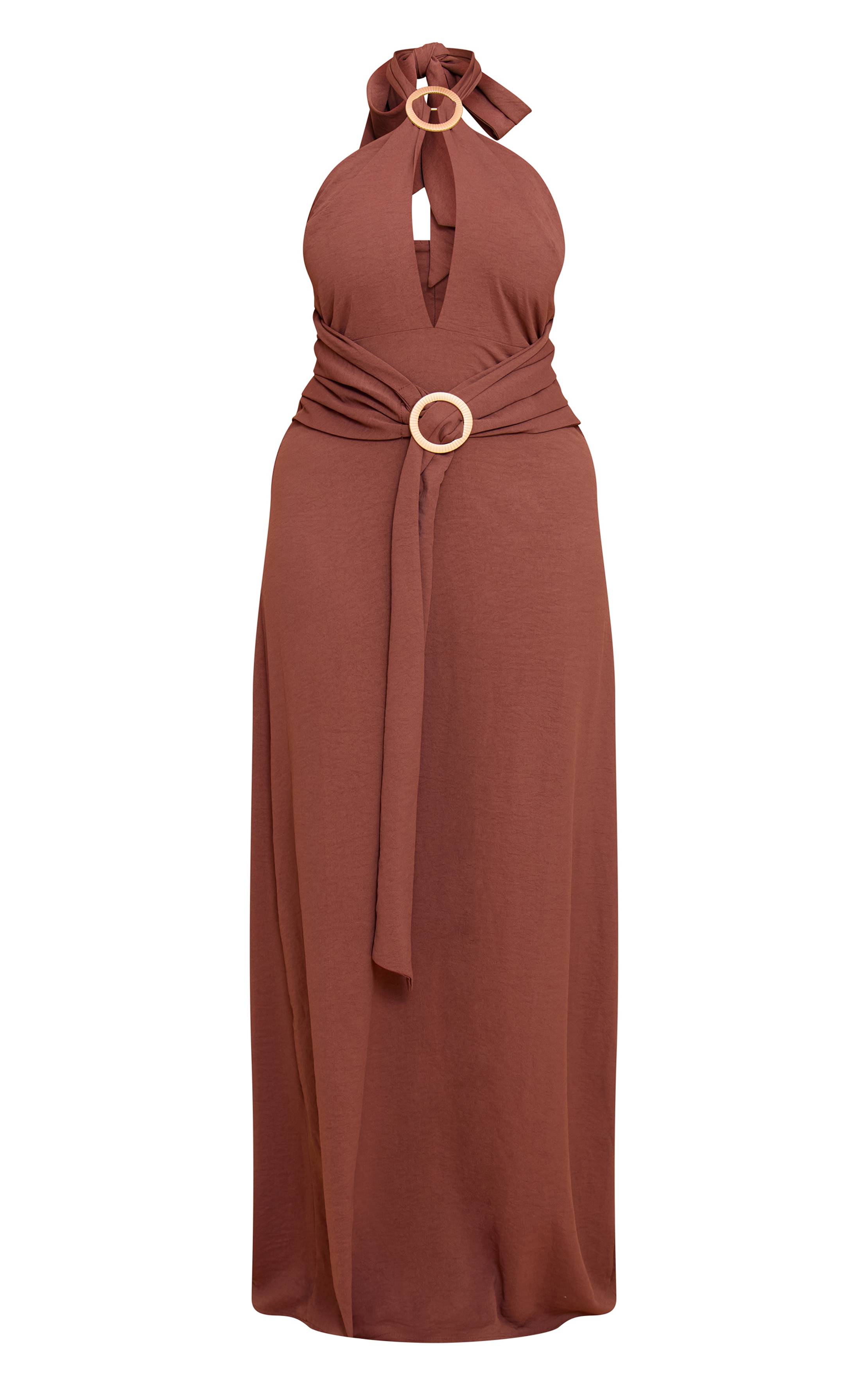 Chocolat Robe Longue Dos-nu En Satin Martelé Avec Anneau Décoratif Shape