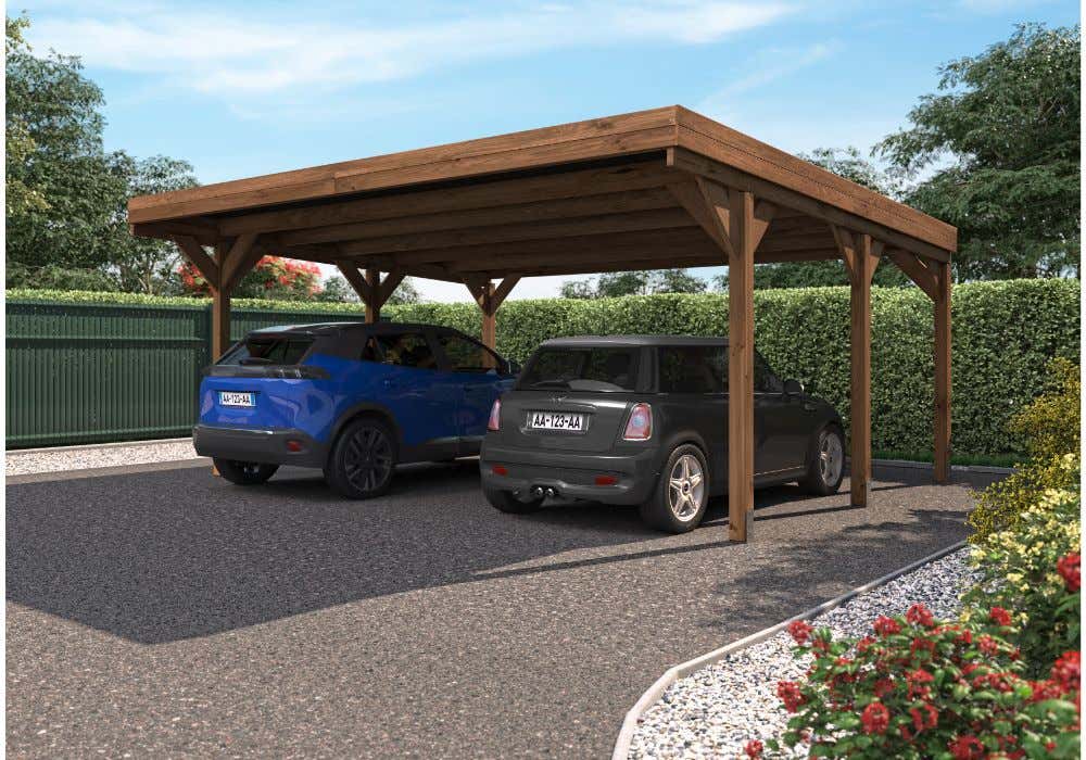 Dubbele carport Alpholz Victor van natuurlijk hout, FSC-gecertificeerde overkapping, dak met bevestigingsmateriaal, geïmpregneerd