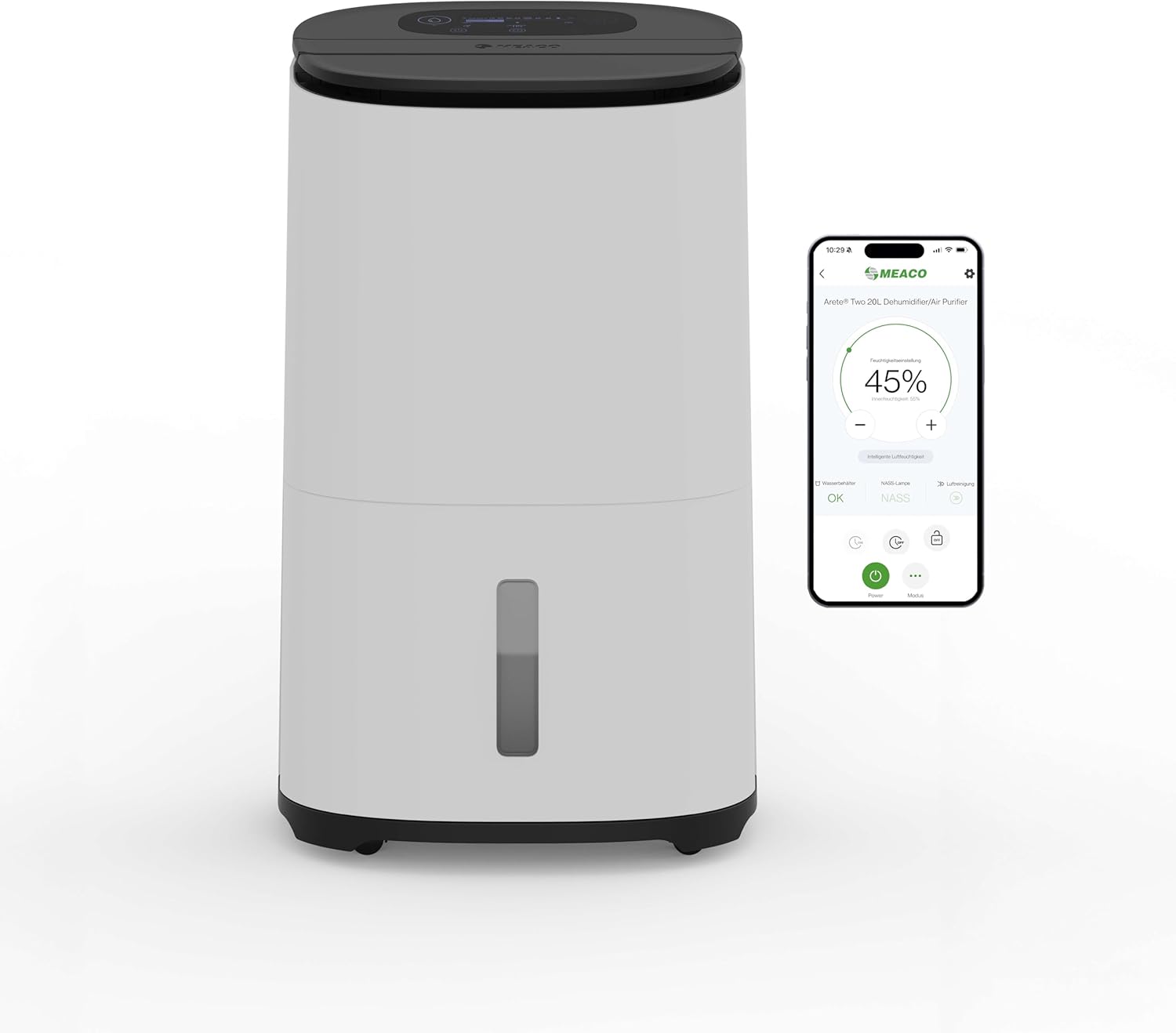 Meaco MeacoDry Arete® Two 20L Luftentfeuchter & HEPA-H13-Luftreiniger, Meaco-WLAN-App, intelligenter Feuchtigkeitsmodus, Wäschemodus, Stromsparmodus, leiser Modus, senkt Feuchtigkeit, 5 Jahre Garantie