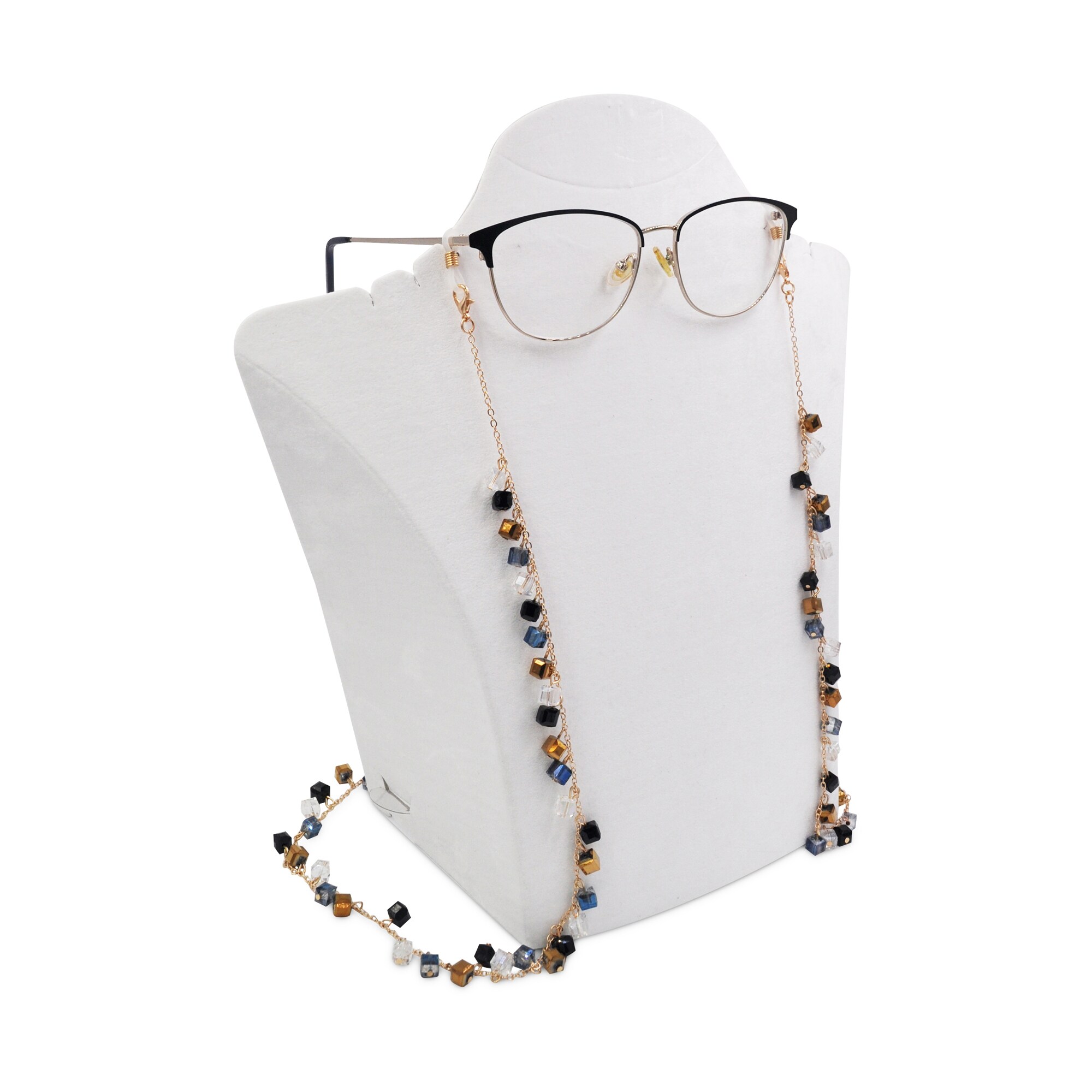 Steuer Modeschmuck Brillen-Kette Metall goldfarben 90cm lang mit mehrfarbigen Steinen