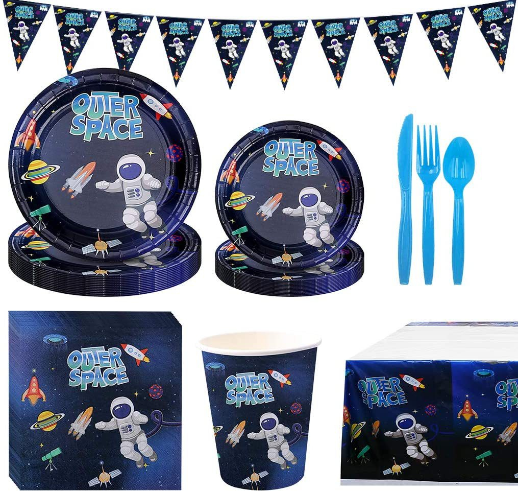 (118-tlg. Set) Kinder Weltall Party Tisch Deko Raumfahrer Einweg Geschirr / Besteck / Tischdecke / Girlande - Astronaut