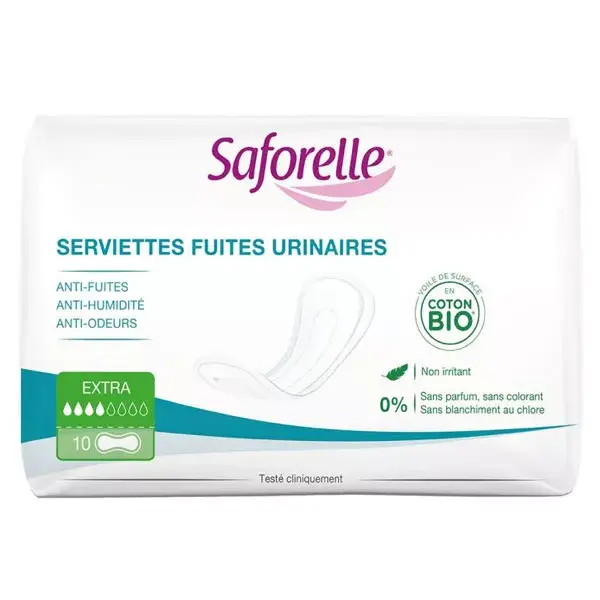 Absorventes para incontinência urinária Saforelle Extra em algodão orgânico, pacote com 10 unidades.