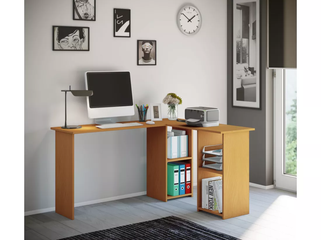 Bureau d'angle en bois VCM Bureau d'angle Bureau informatique Compartiment PC Lusias (hêtre)