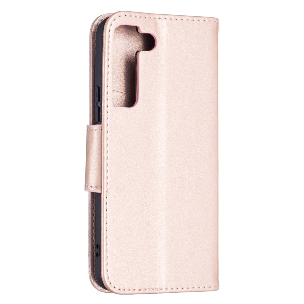 Samsung Galaxy S22 5G Leder Tasche mit Kartenfach   Handschlaufe Schmetterling - Roségold