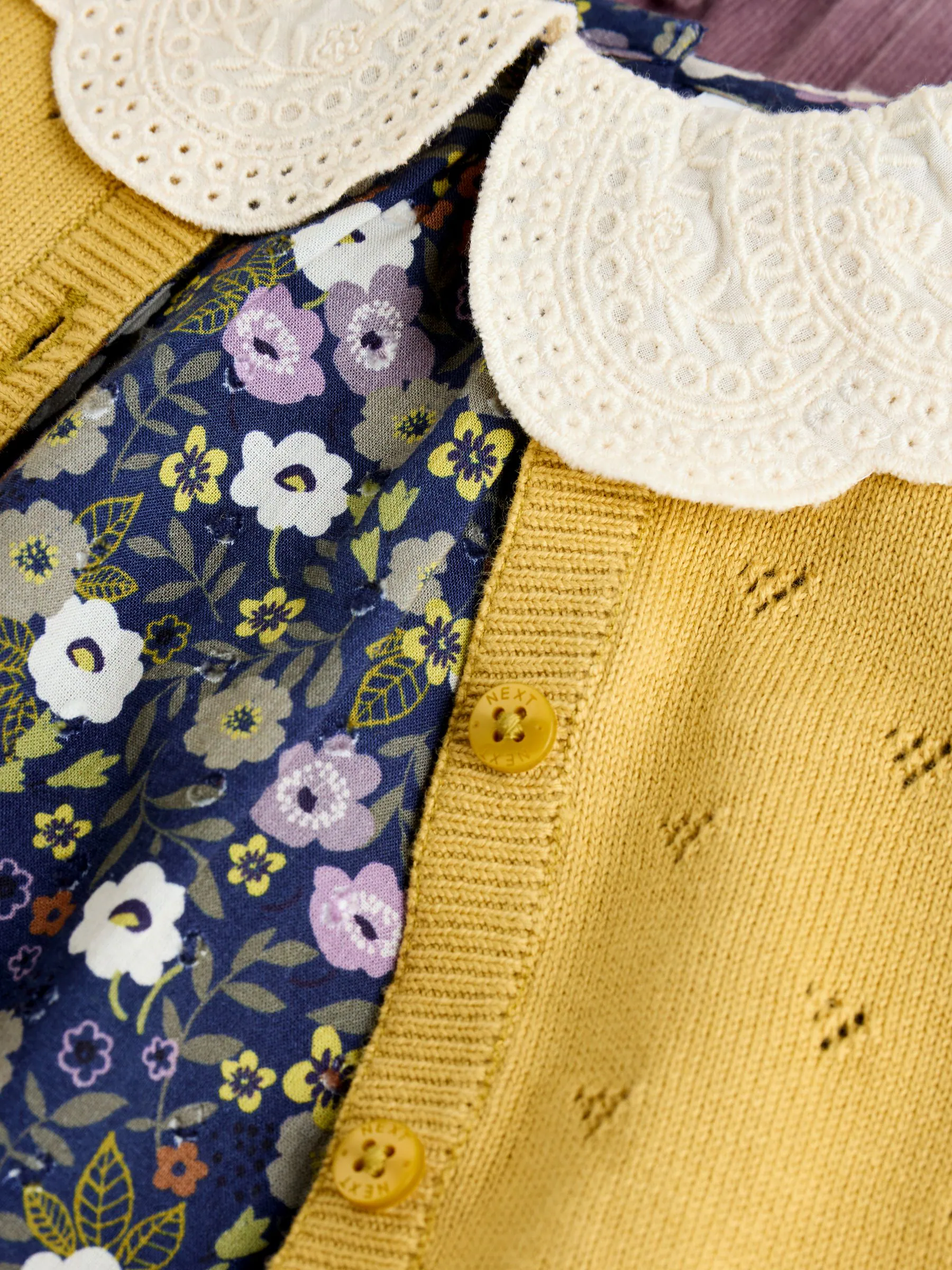 Geel/marineblauw met fijne print/paars - Knitted Cardigan, Long Sleeve Top and Cord Trouses Baby 3 Piece Set (0mths-2yrs)