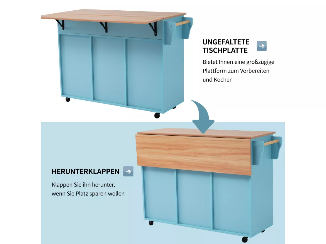 Ilot central de cuisine mobile avec 3 portes et 2 tiroirs - plateau extensible - 129x46/71x91,5 cm - Bois MDF + métal - Bleu