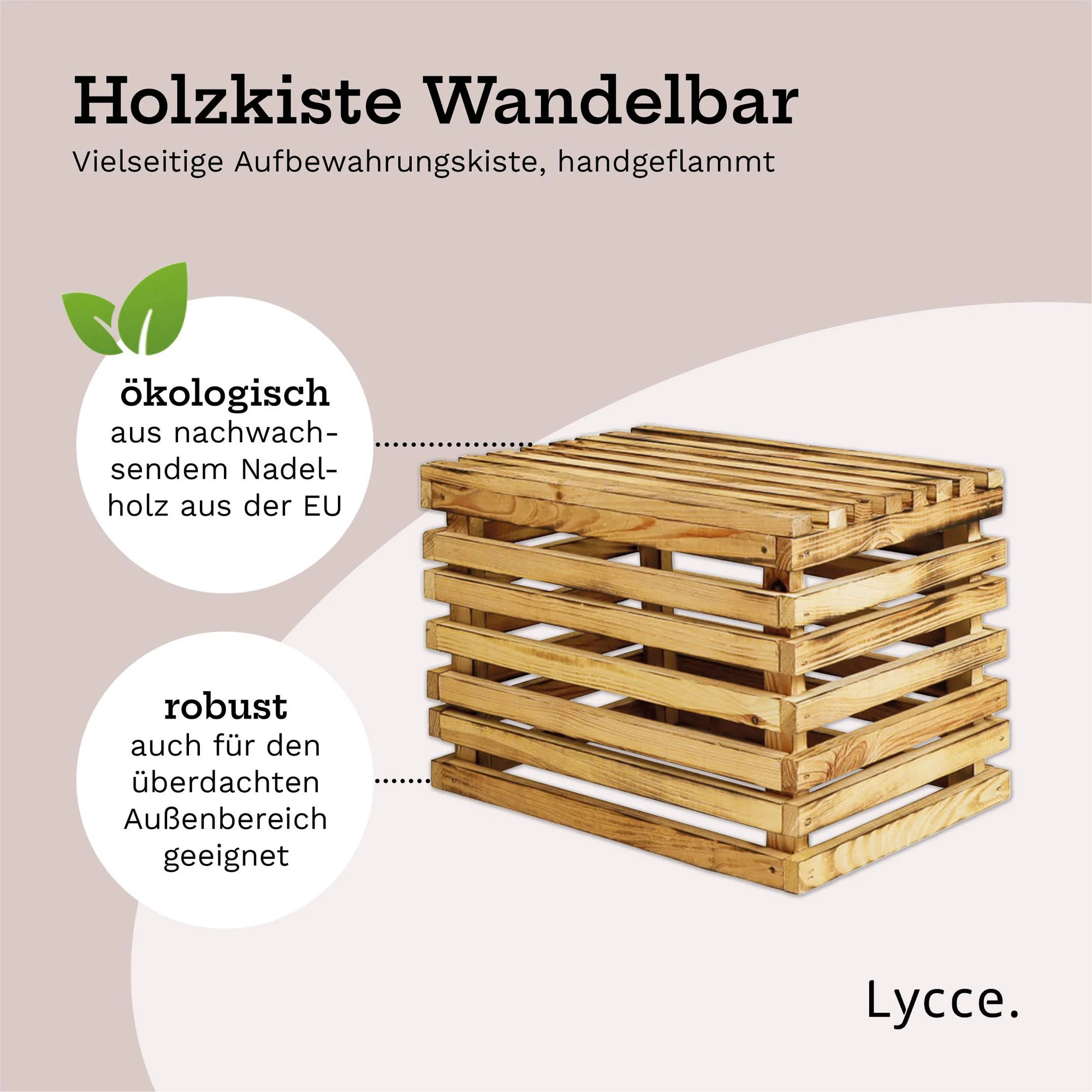 Lycce Sitzhocker mit Stauraum - 30L , Holzkiste aus geflammtem Holz