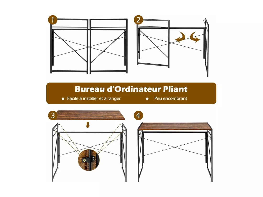Bureau d'Ordinateur Pliant 100 x 50 cm, Table de Bureau Cadre en Métal, 6 Crochets en Forme de S, Charge 115kg Style Industriel/Moderne (Marron Rustique)