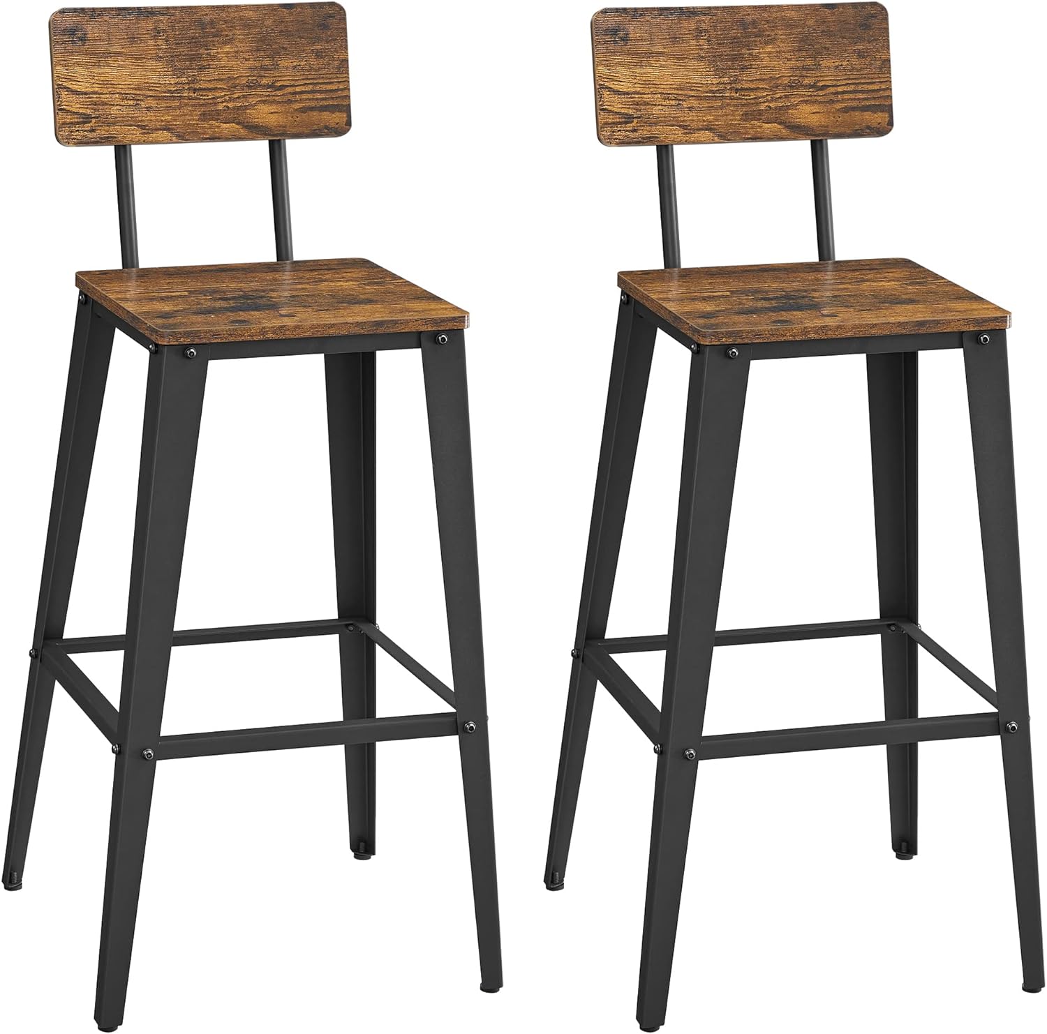 VASAGLE Barhocker, 2er Set, Barstühle, Küchenstühle, mit Rückenlehne, Stahlgestell, einfache Montage, Industrie-Design, vintagebraun-tintenschwarz LBC078B01