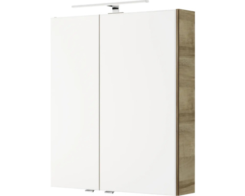 3-delige badkamermeubelset Pelipal serie 4035 BxHxD 60 x 200 x 45 cm, frontkleur eiken riviera, met keramische wastafel in wit en keramische wastafelkast, wastafelmeubel, spiegelkast met LED-verlichting 40350600121470