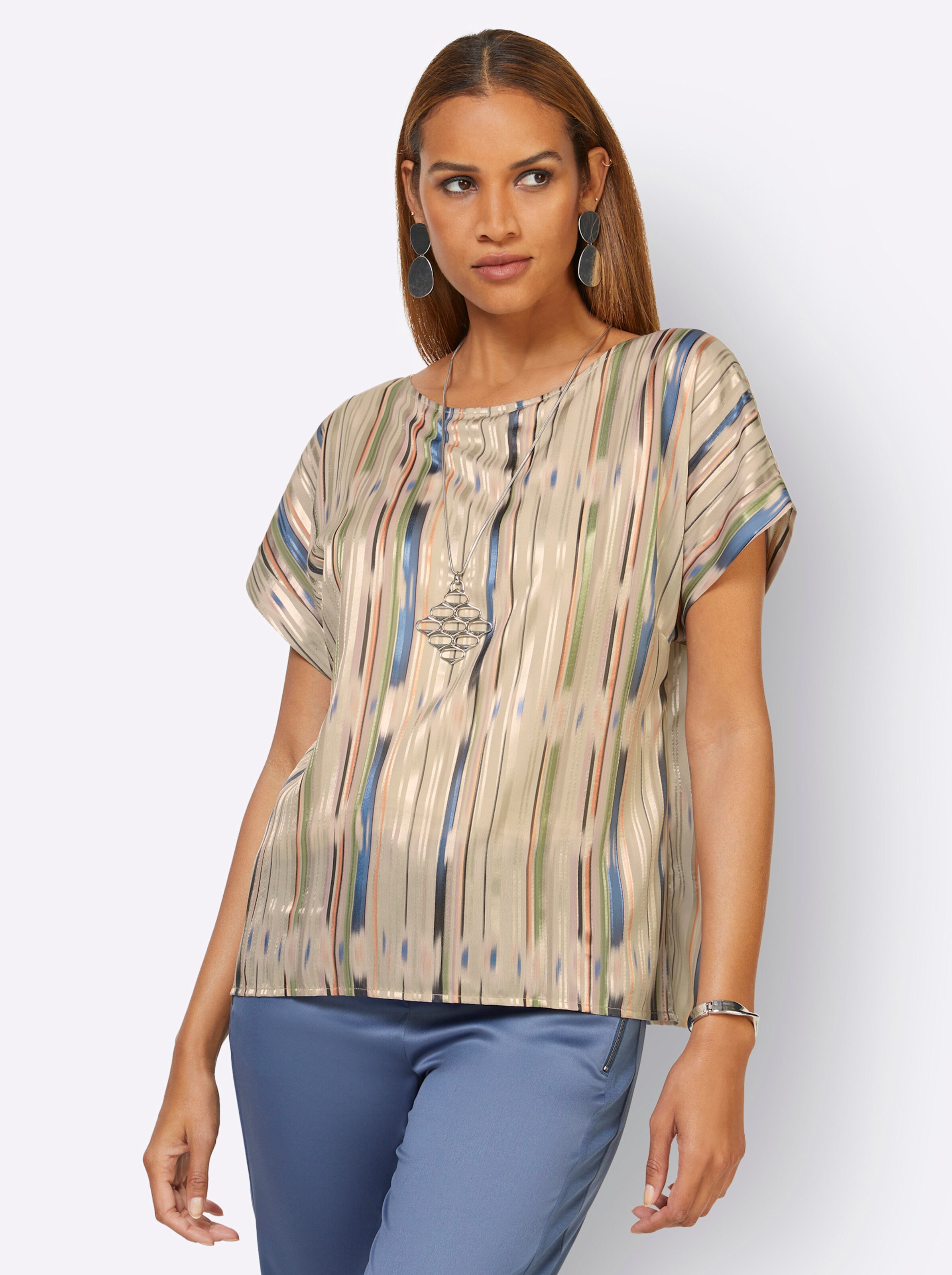 Bluse in beige-mandarine-bedruckt