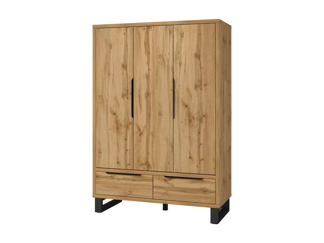 Chambre compléte style industriel collection MILOS : armoire 3 portes, lit 140x200, commode, chevets, chêne brut et noir