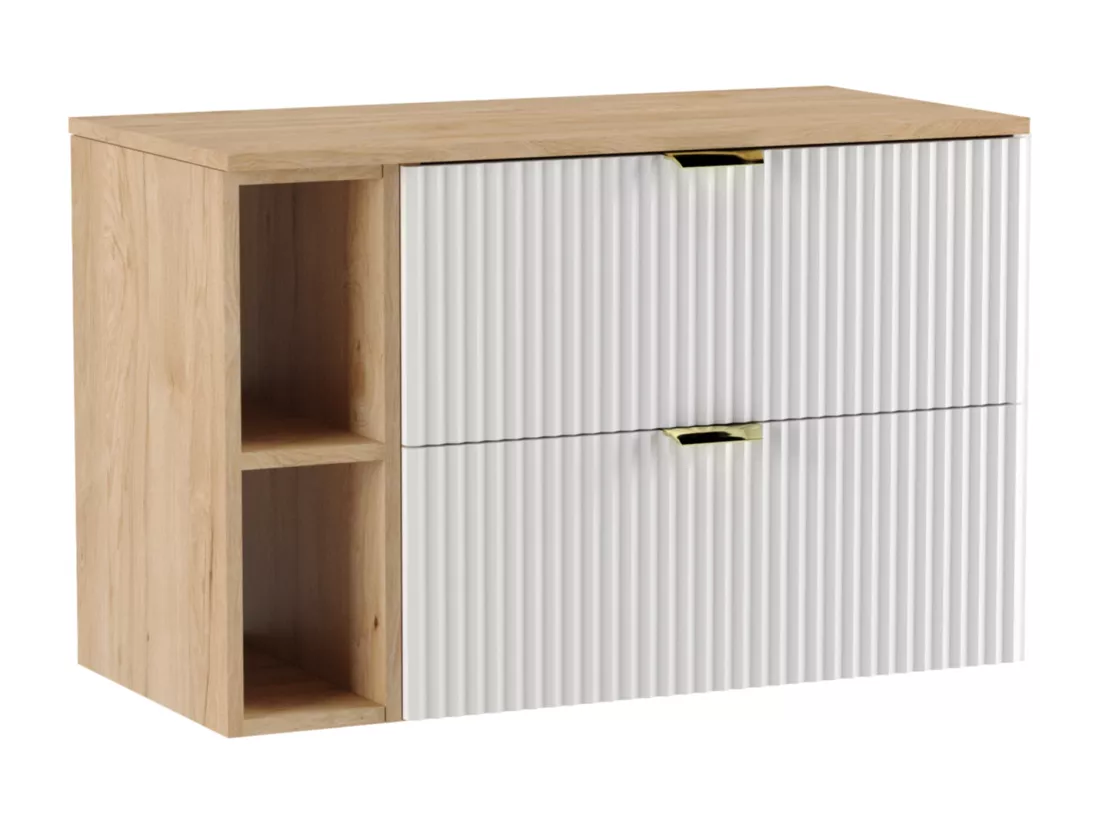 Meuble lavabo WENA, avec étagère, façades cannelées, Willy, 100x60x47 cm, Blanc/Noyer