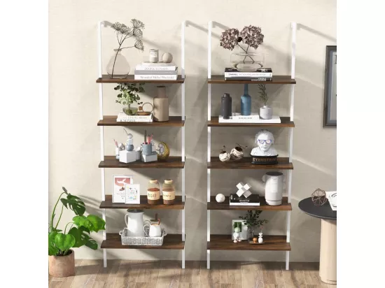 Étagère Échelle Bibliothèque à 5 Niveaux avec Cadre Métallique, Étagère Murale à 5 Niveaux 60x30x180CM (Marron + Blanc)