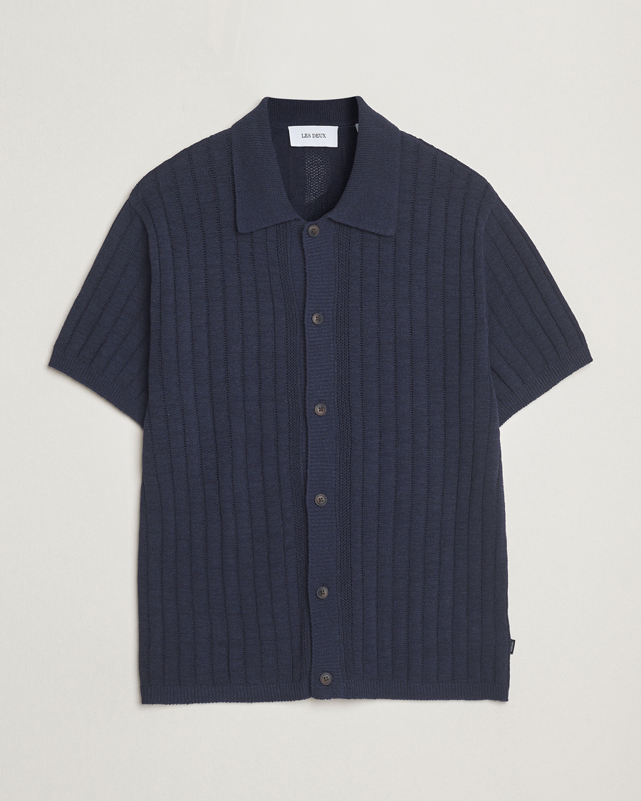 Les Deux Floyd Knitted Linen Short Sleeve Shirt Dark Navy