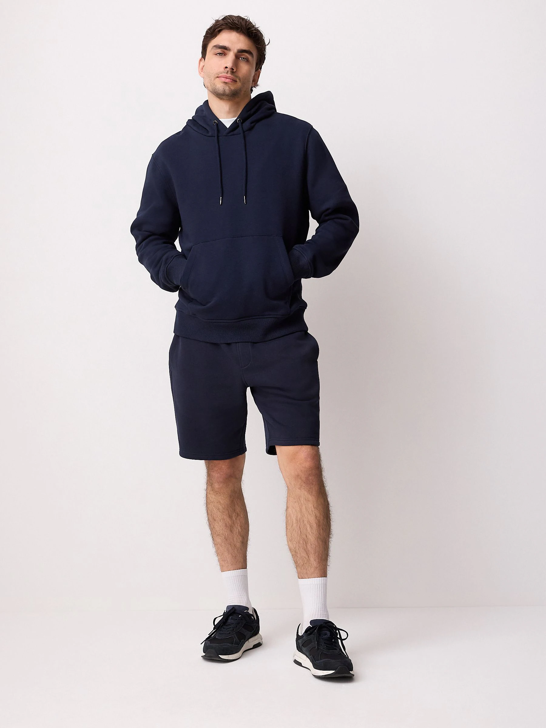 Marineblauw - Geborstelde jersey shorts met ritszakken