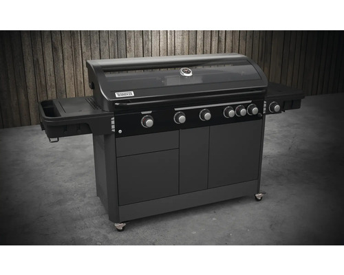 Tenneker® Halo TG-5 U Gasgrill 204,6 x 65,6 x 117 cm 5-pits + zijbrander en achterbrander, gietijzeren rooster, platformsysteem, glazen inzetstuk in het deksel