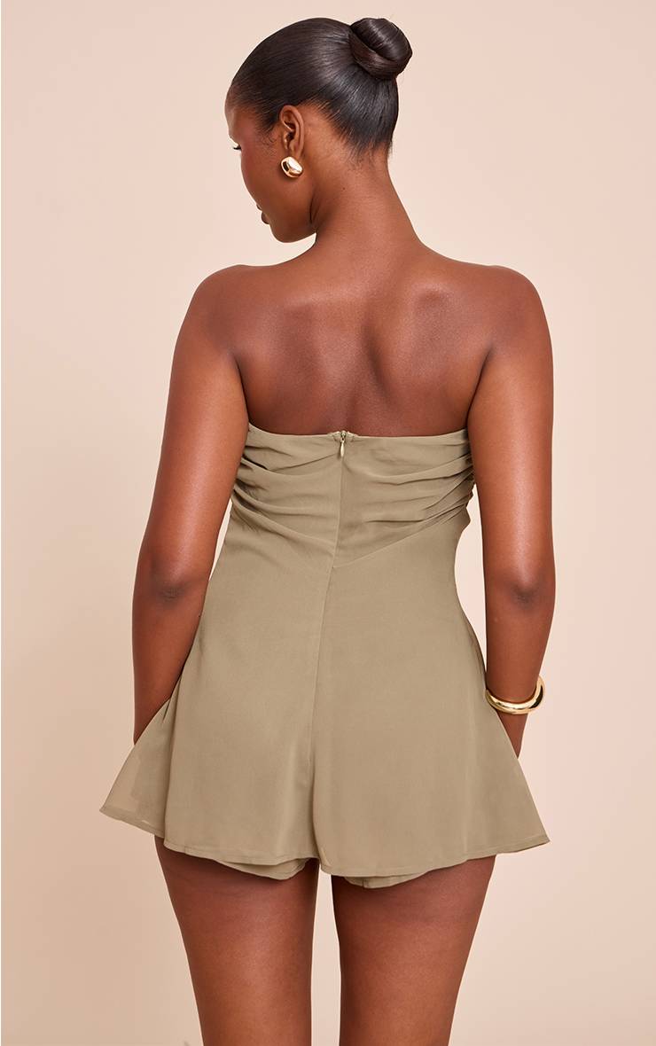 Vert Olive Combinaison-short Bustier À Détails Bordure Mousseline