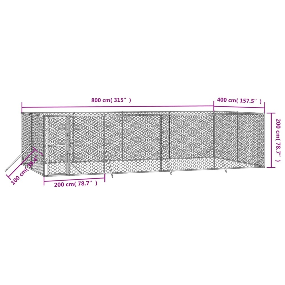 Chenil d'extérieur pour chiens argenté 8x4x2 m acier galvanisé