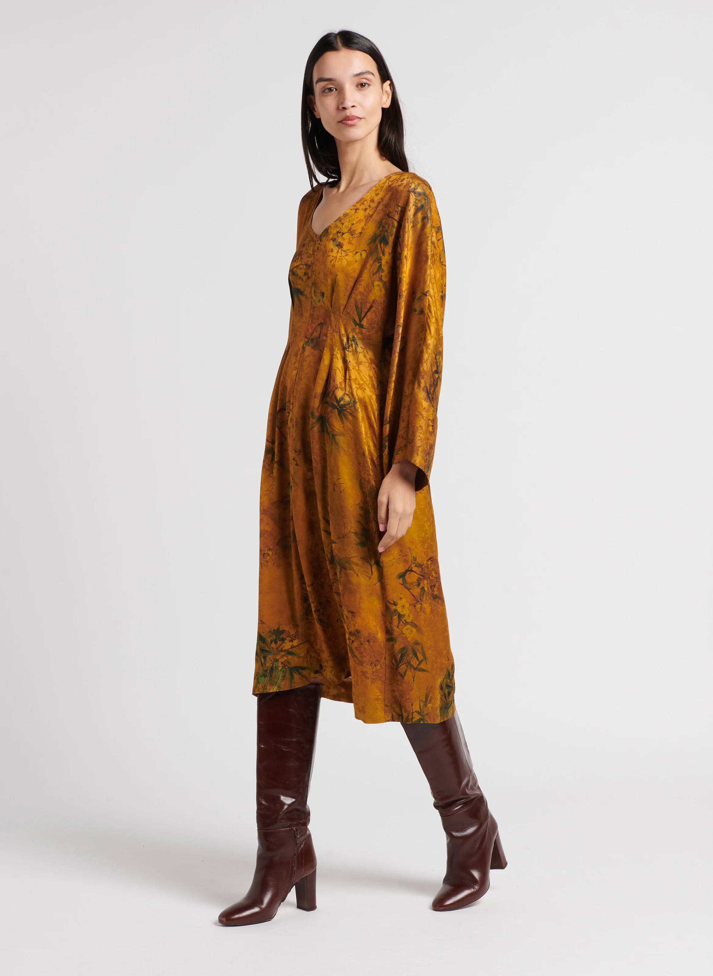 ROMI - Robe midi manches longues imprimée| Jaune