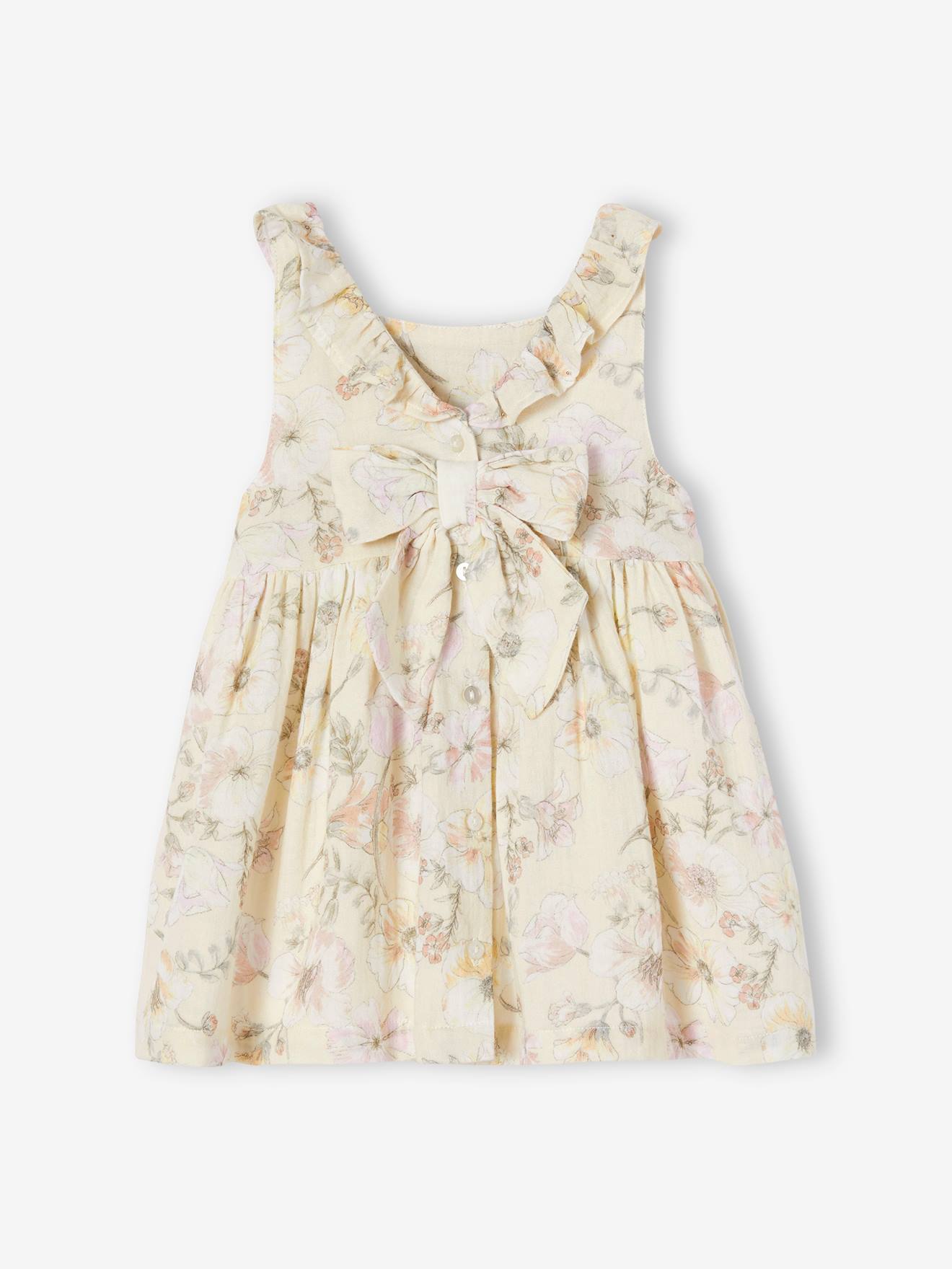 Vestido infantil em chiffon de algodão cru com estampa floral.