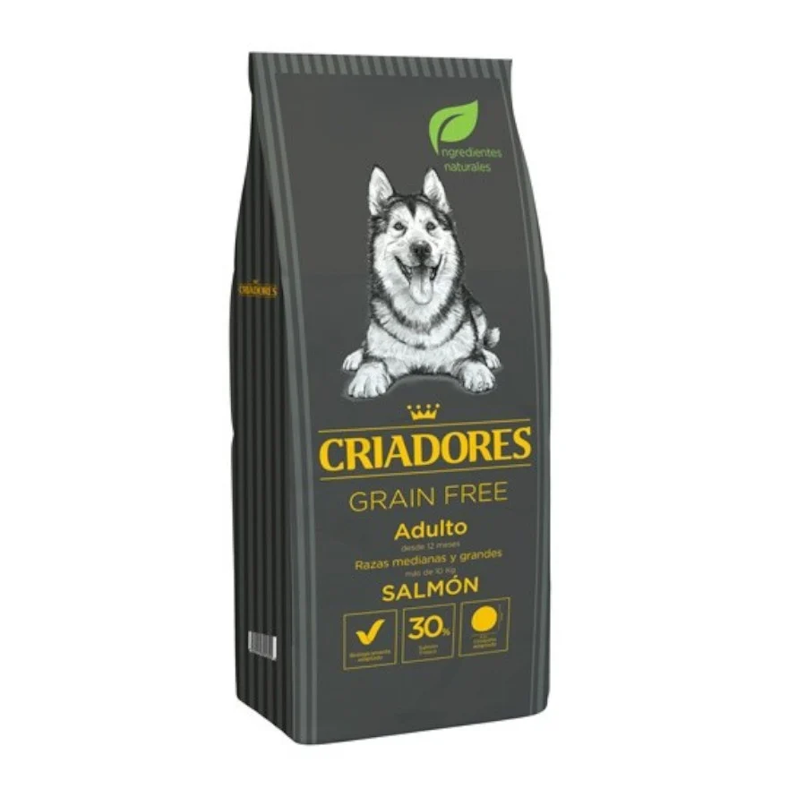 Ração Breeders Adult Grain Free com Salmão para cães de porte médio e grande.