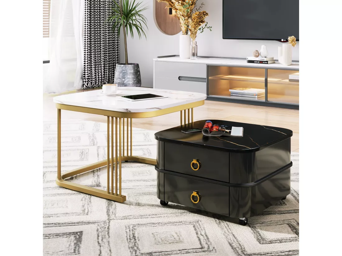 Lot de 2 tables basses gigognes avec 2 tiroirs, table basse carrée - plateaux en motif marbre - bois et métal - noir brillant