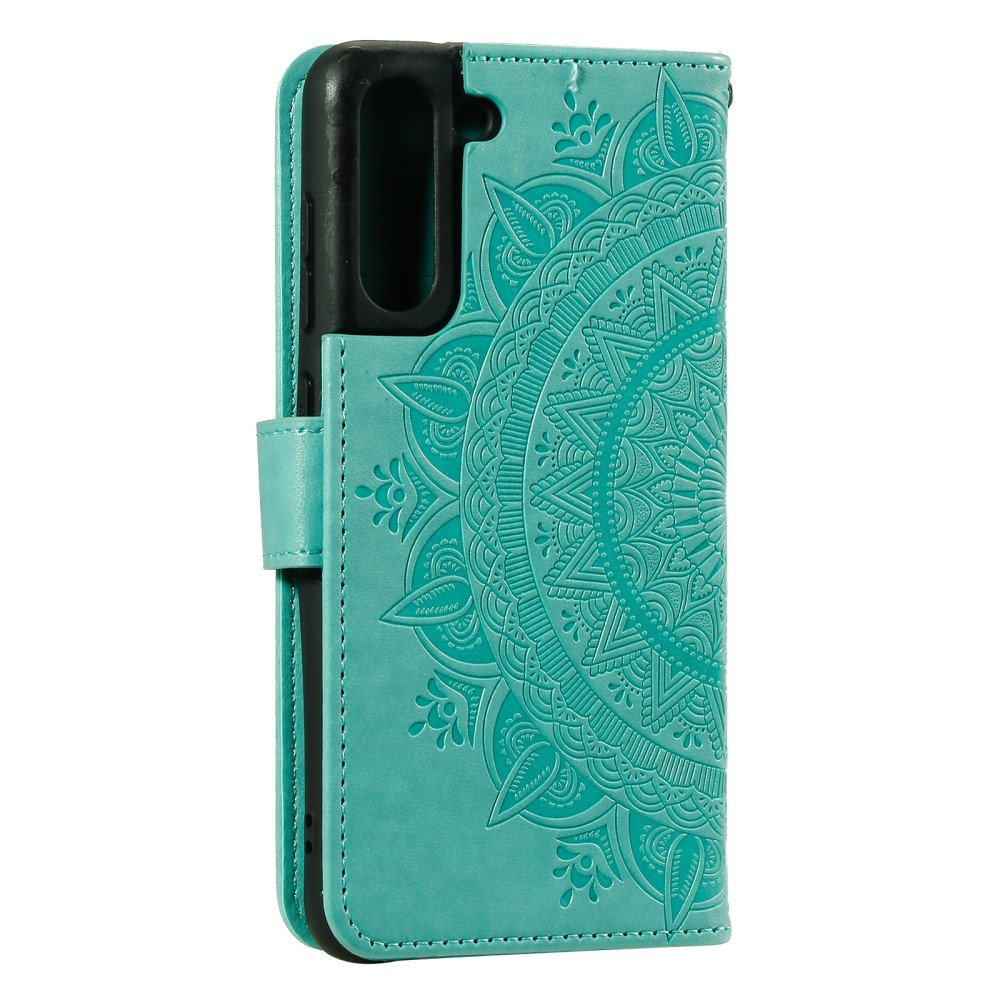 Samsung Galaxy S21 FE 5G Leder Tasche Wallet - Mandala Flowers Imprint - Türkis