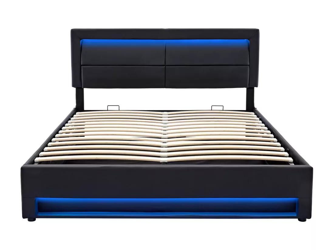 Lit coffre 160x200 cm en similicuir avec LED - avec ports de recharge (filaire & sans fil) - Noir