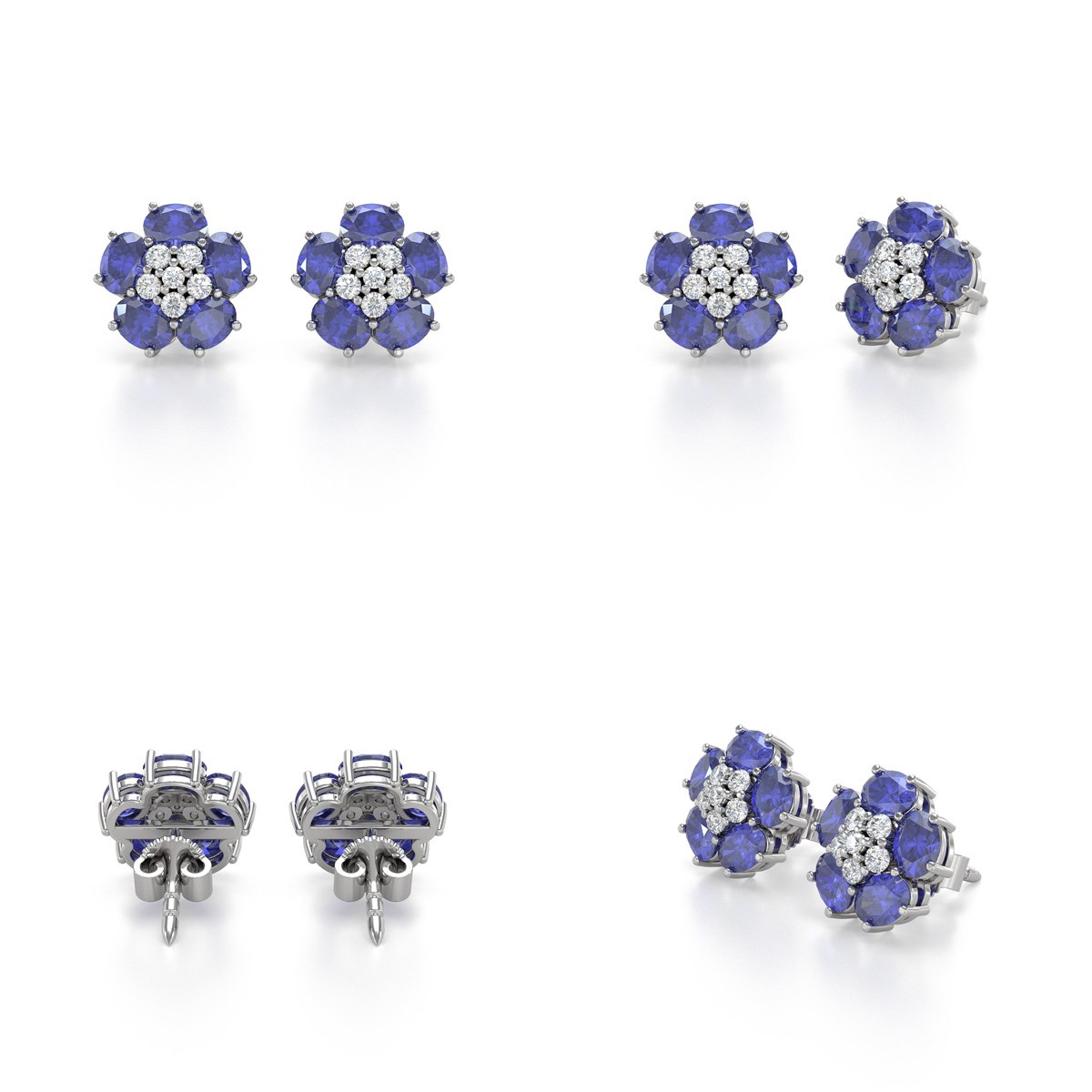 Boucles d'oreilles ADEN Tanzanite Fleur et Diamants sur Argent 925 2.86grs