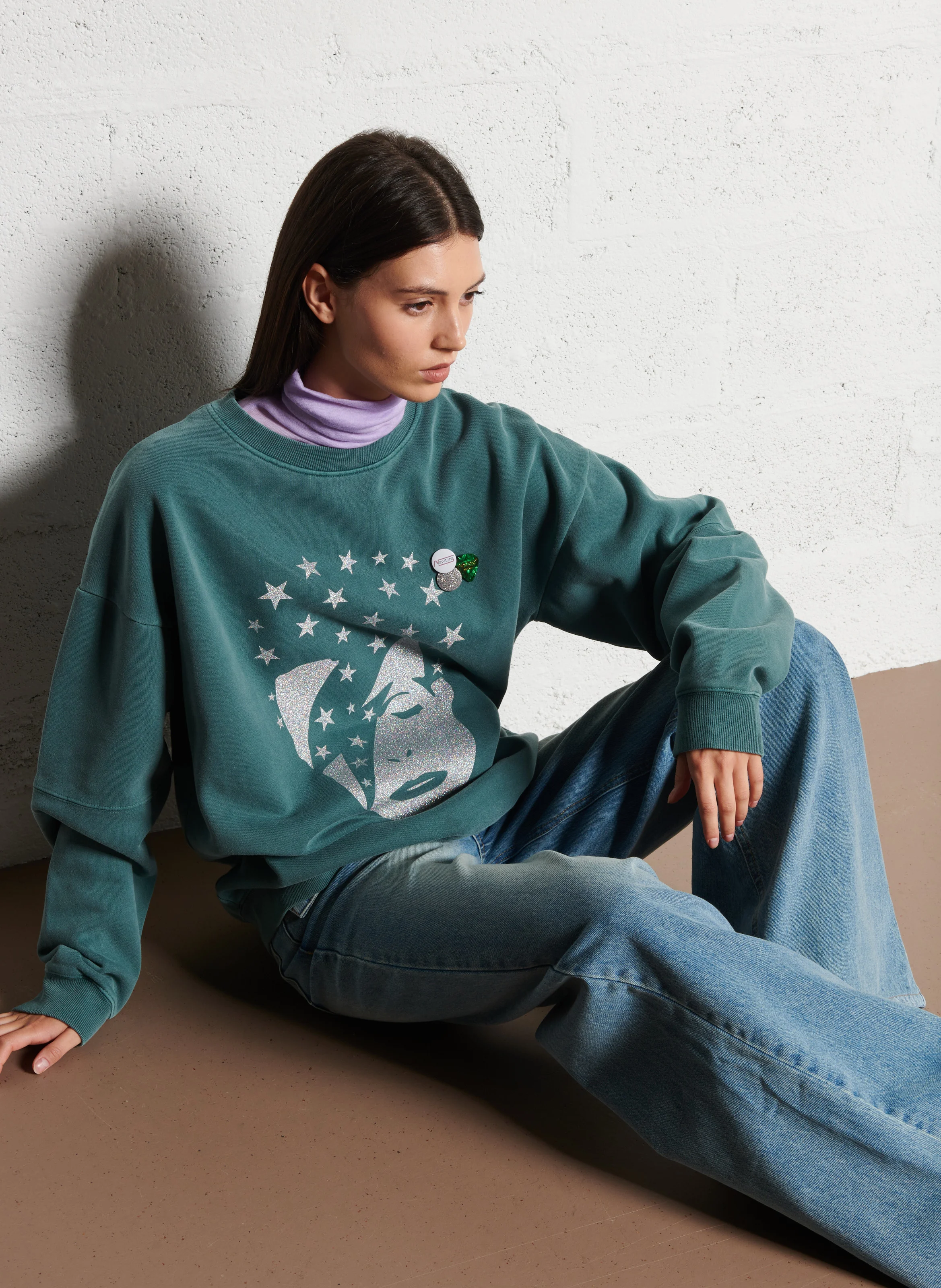 ROLLER SINGER - Sweat ample col rond sérigraphié en coton mélangé | Vert