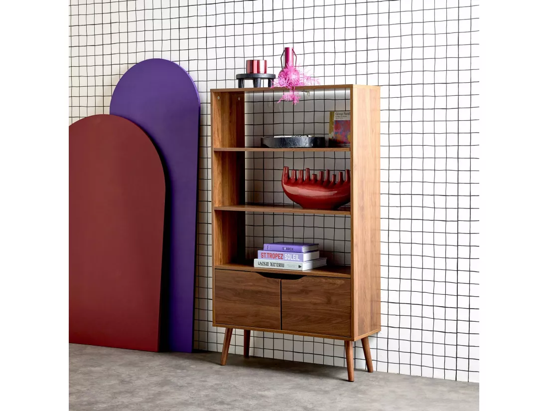 Étagère bibliothèque effet bois de noyer. 2 portes 3 niveaux