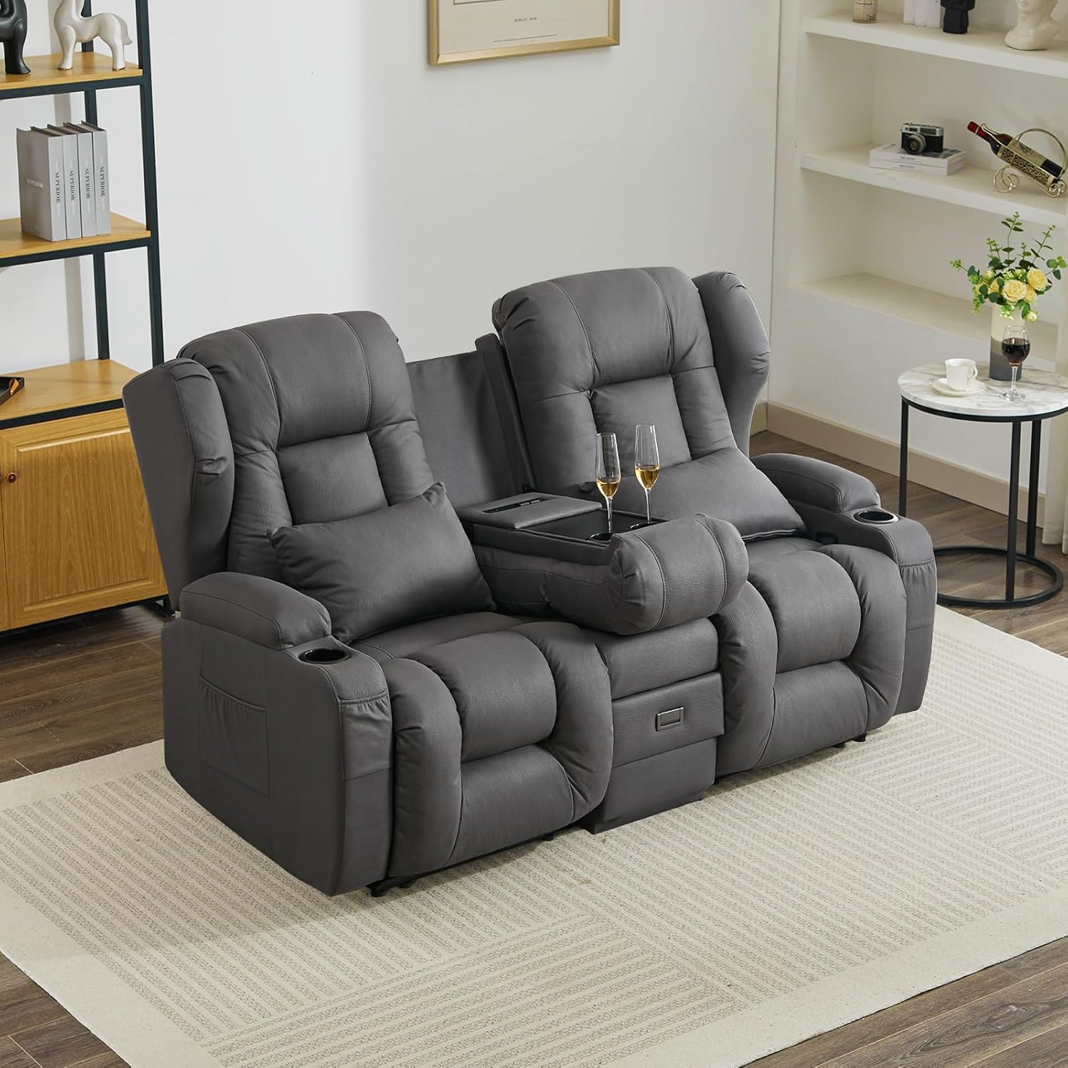 SAMERY Zweisitzer Relaxsessel mit Liegefunktion, 2er-Fernsehsessel Kinosessel 2 Sitzer TV Sessel Heimkino Sitze mit klappbare Mittelkonsole, 4 Getränkehalter (Anthrazit, 172cm Zweisitzer)