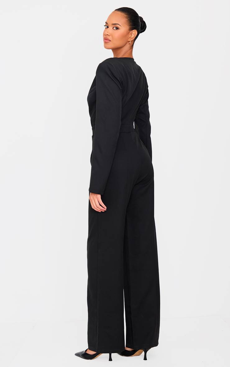 Noir Combinaison-pantalon Tissée À Décolleté Plongeant, Manches Longues Et Jambe Droite