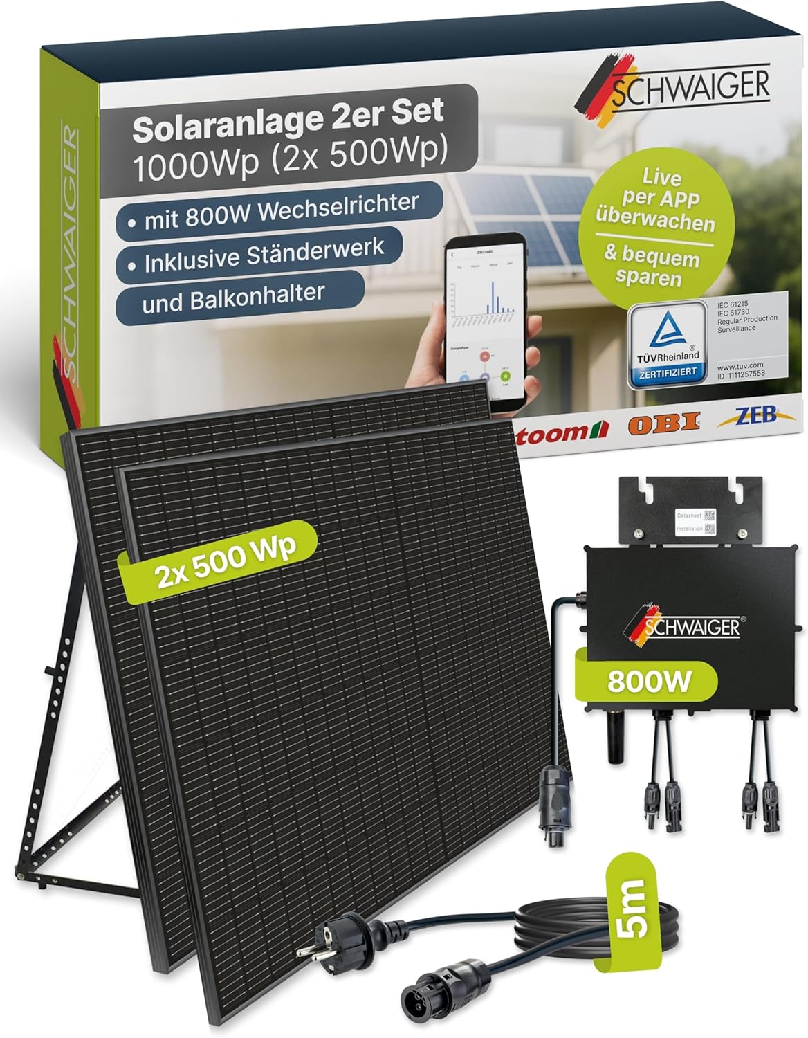 SCHWAIGER Balkonkraftwerk 2er Set mit Full Black Solarpanels 1000Wp I 2×500Wp Solarmodule inkl. Alu‑Ständer, 800W WiFi‑Wechselrichter & 5m Kabel I Plug & Play Solaranlage für Balkon & Garten