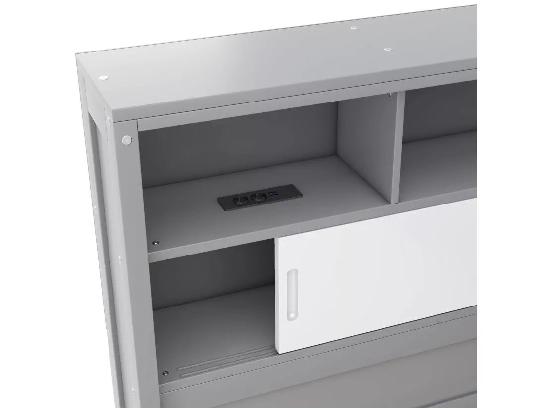 Lit gigogne en bois 90x200cm avec Ports de charge USB - entouré d'un cercle de rangements - Gris