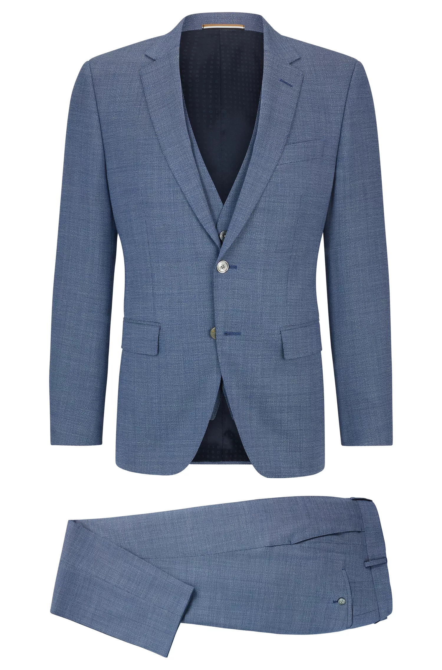 Terno BOSS preto slim fit em mistura de lã com trama hopsack