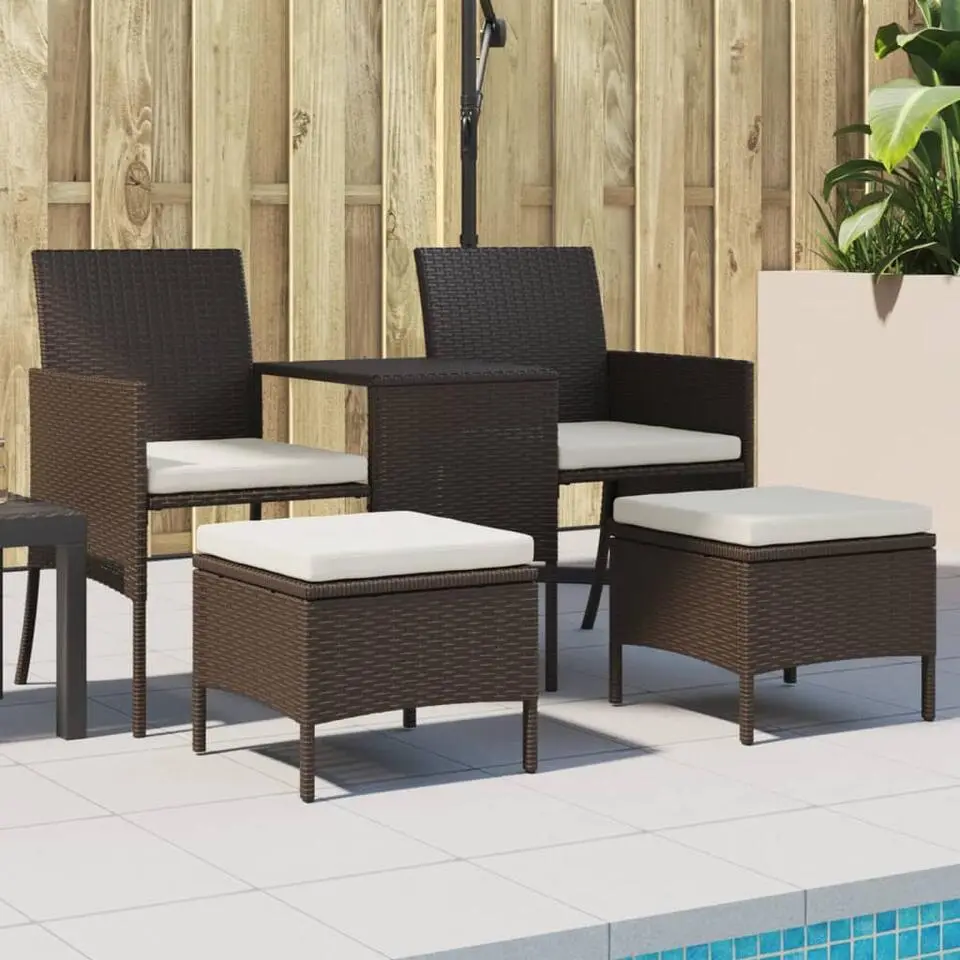 vidaXL - Tuinbank tweezits - Bruin - Poly rattan - Met tafeltje en krukken