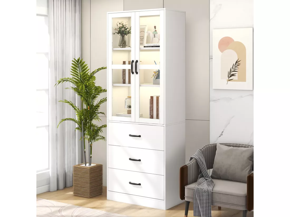 Vitrine avec 3 tiroirs et 2 portes vitrées - LEDs - Bois en MDF - laqué blanc - 60 x 40 x 200 cm