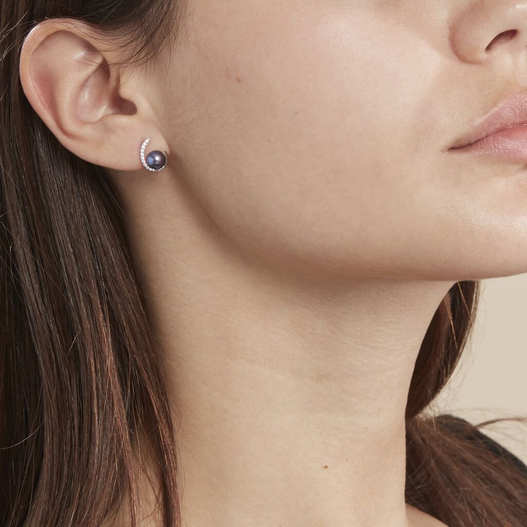 Boucles D'oreilles Puces Anais Or Blanc Perle De Culture Et Oxyde