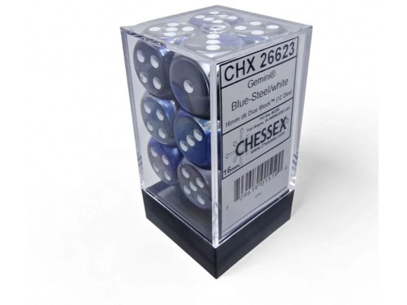 Chessex Würfelset Gemini 16 mm d6 Blau-Stahl/Weiss 12 Stk. Würfelset mit 12 Würfeln