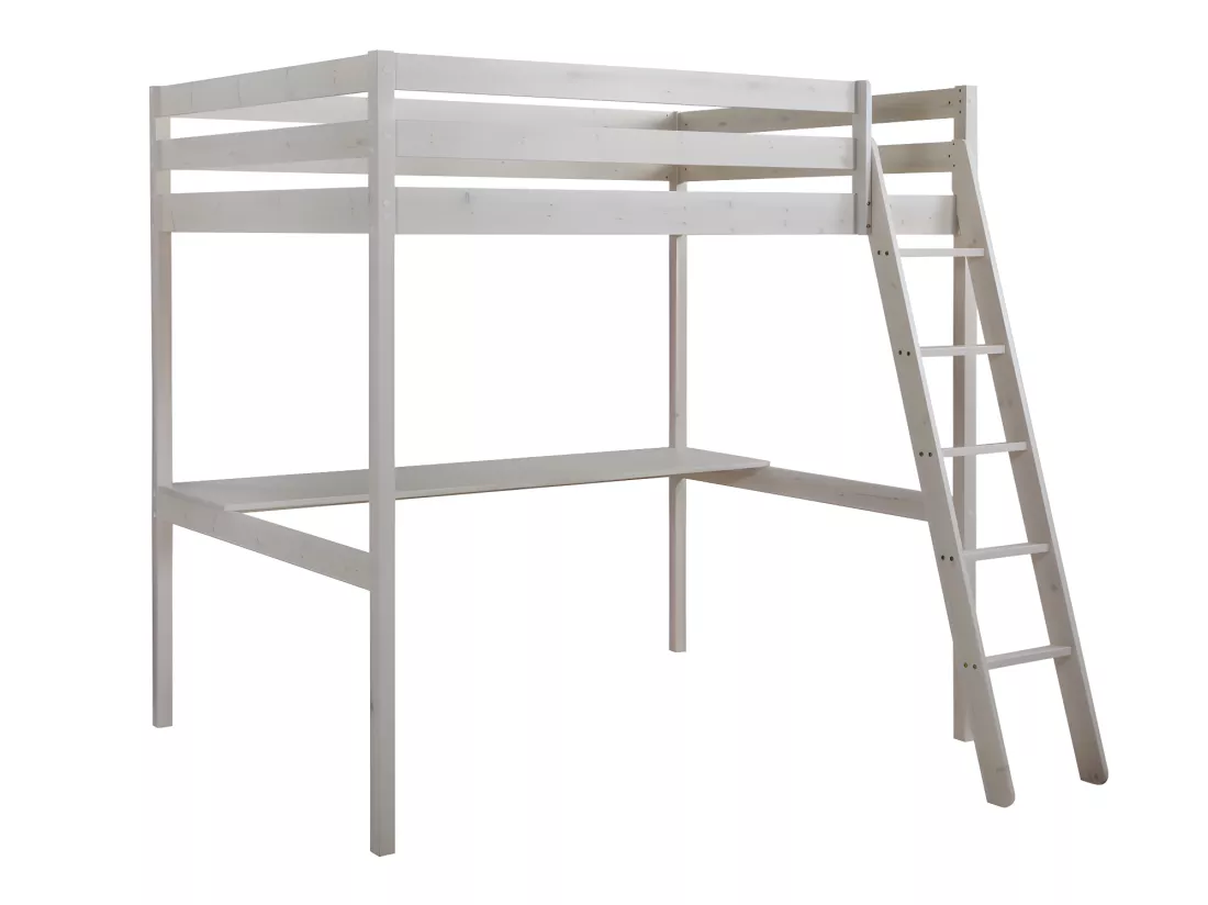 Lit mezzanine GEDEON II - 140 x 190 cm - Avec bureau - Pin massif - Blanchi + matelas