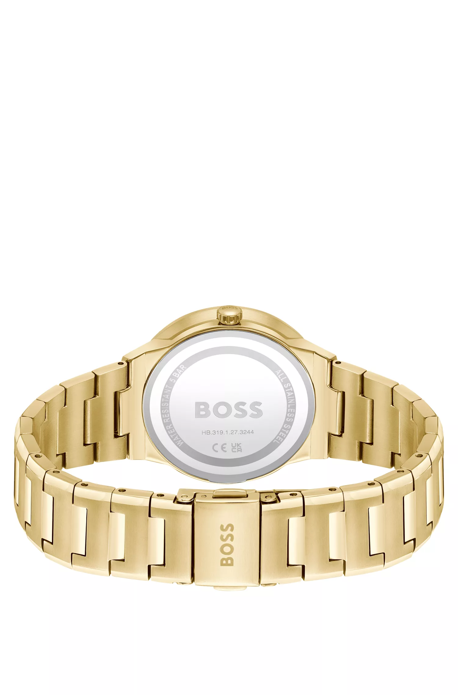 Relógio BOSS com pulseira Black Link em aço com tom de ouro amarelo.