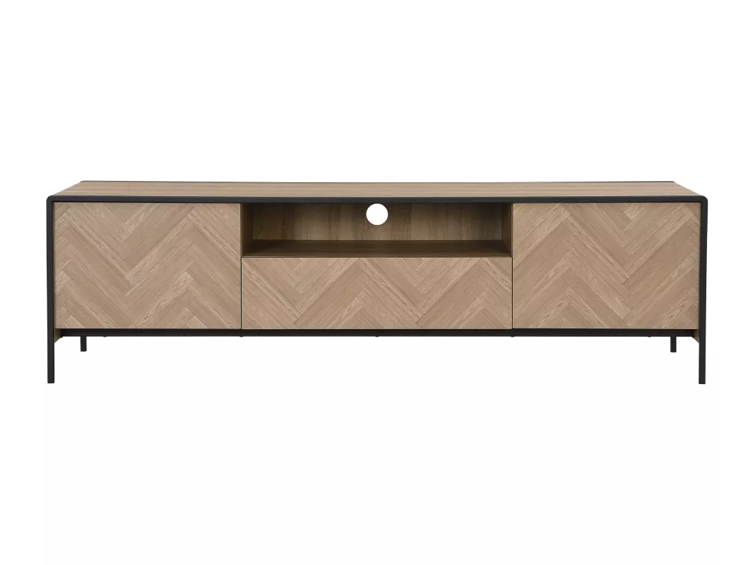 Meuble TV avec 2 portes, 1 tiroir et 1 niche en MDF et acier - Naturel clair et Noir - TUMACO