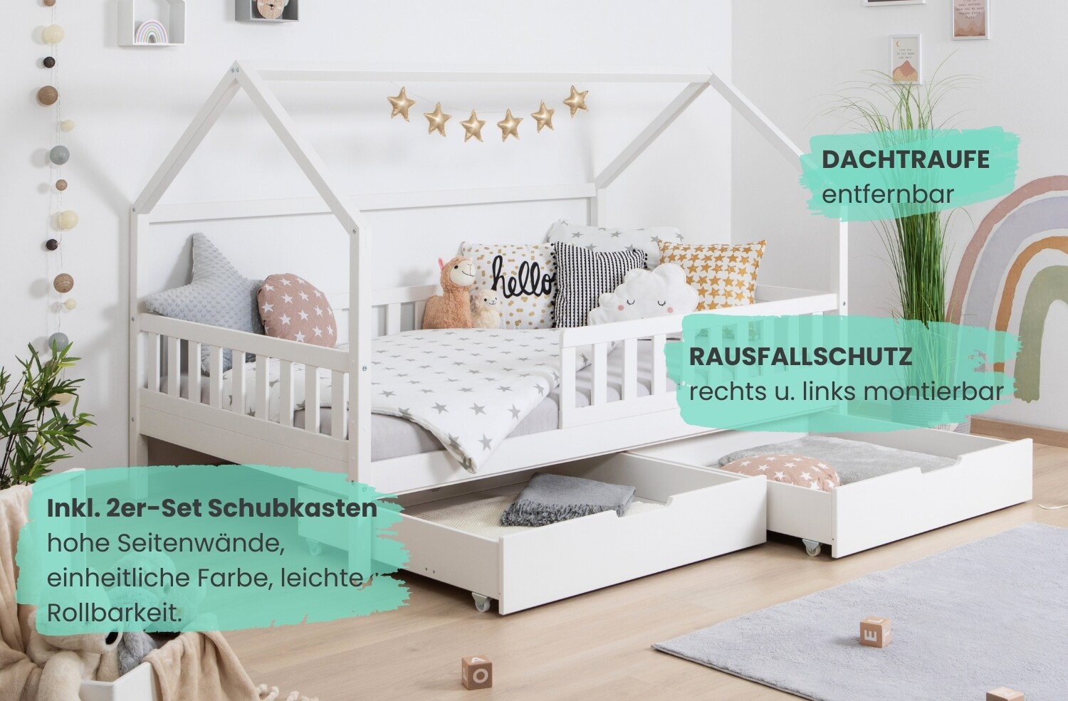 TiCAA 2 in 1 Hausbett Bodenbett wandelbar mit abnehmbaren Dach Duo 90x200, 100x200 cm, 120x200 cm, 140x200 Weiß für Jungen & Mädchen mit Schubladen, Rausfallschutz & Rolllattenrost – aus Kiefer Massivholz