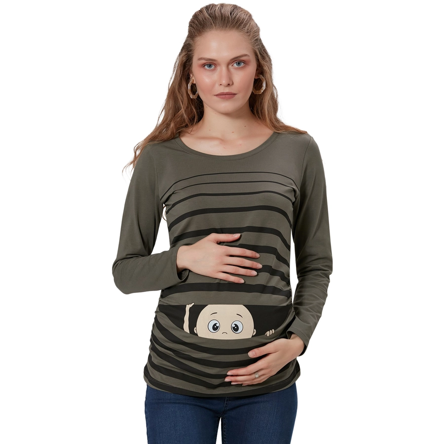 M.M.C. Umstandslangarmshirt Guck Guck mit Motiv Khaki