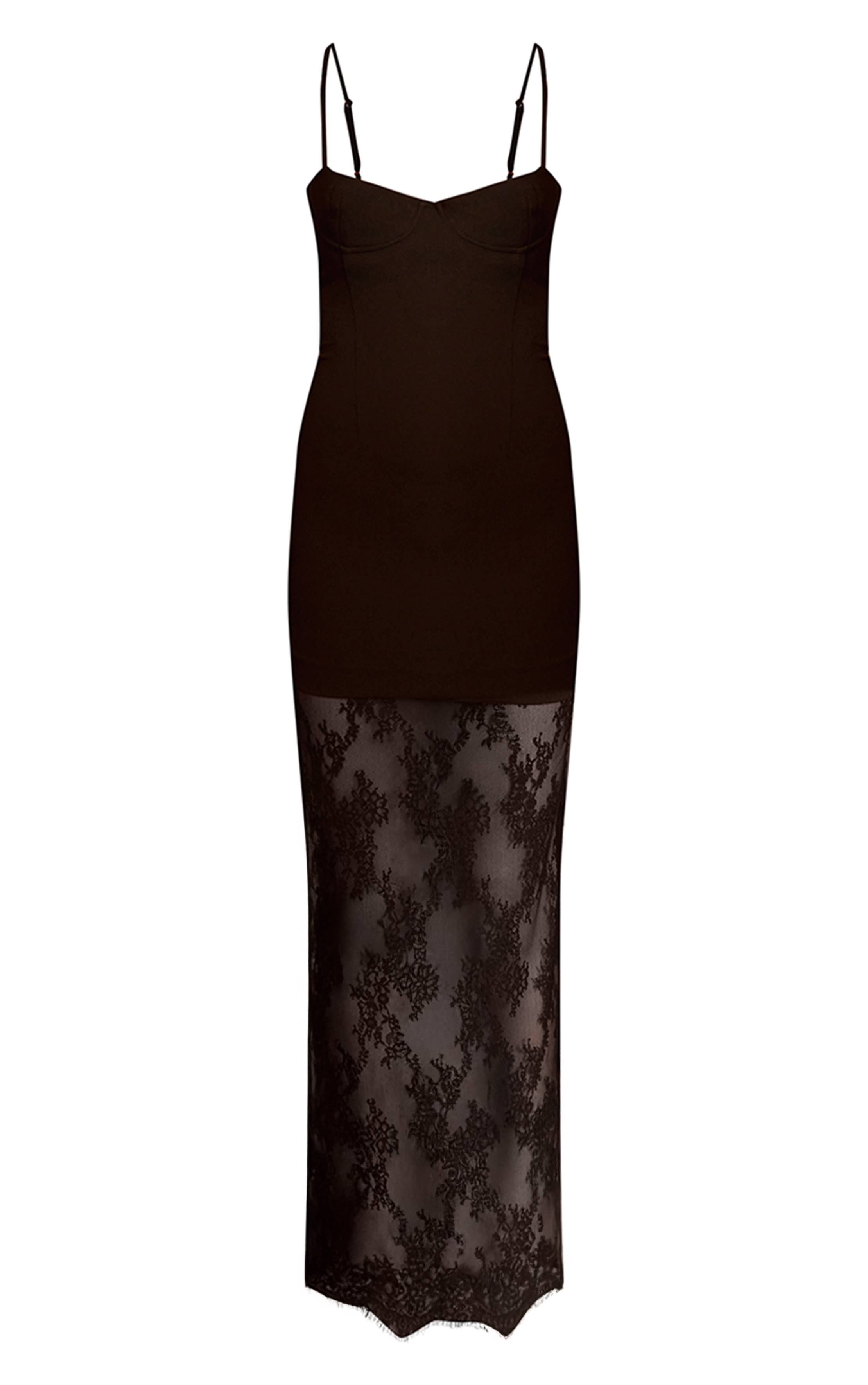 Noir Robe Longue Bustier Tissé À Bretelles Et Ourlet En Dentelle