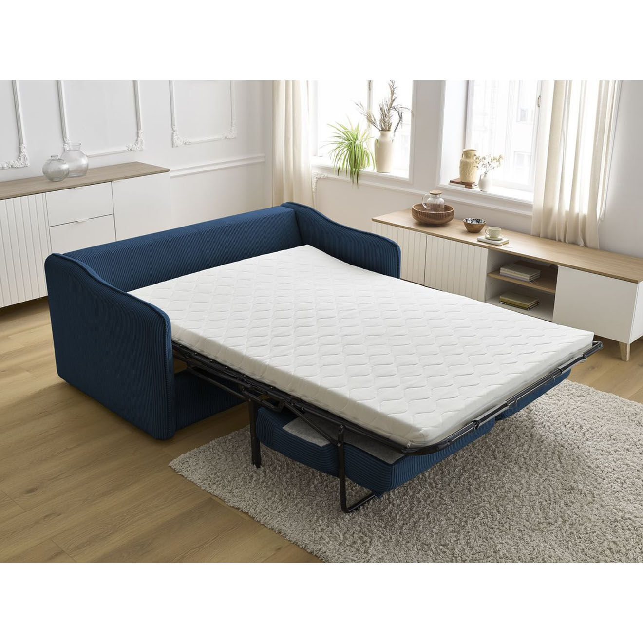 Bobochic Canapé droit convertible express en Velours côtelé 3 places Lenny bleu foncé - 178x102x89 cm